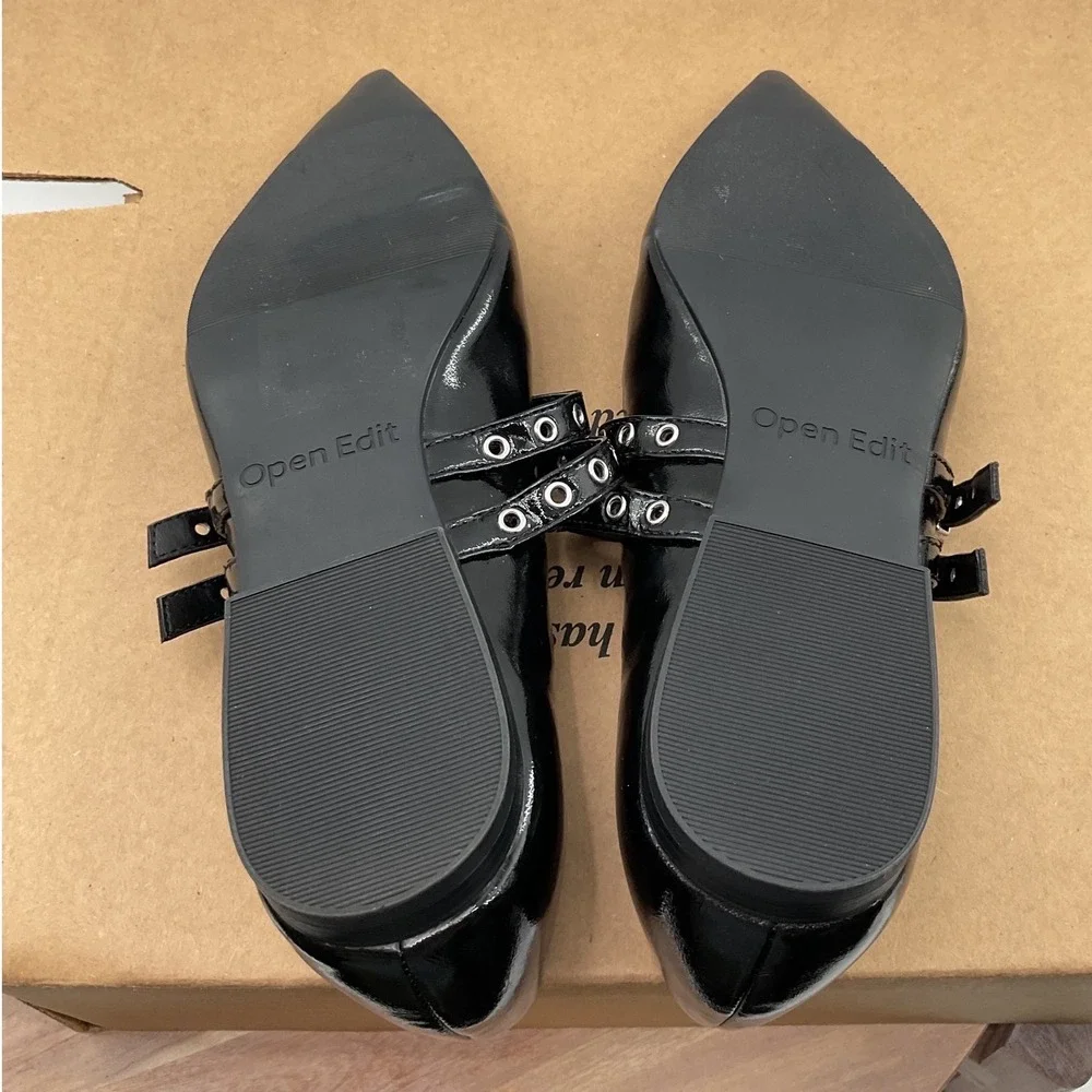 Open Edit Black Patent Pointed Toe Mary Jane Flats Double Grommet Buckle Straps